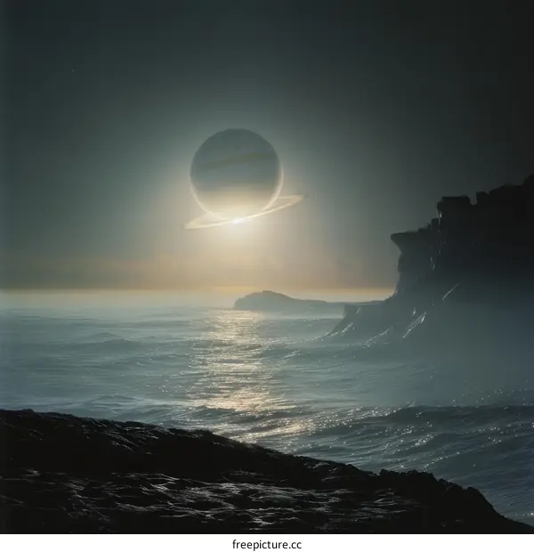 Saturn rising over an alien moon