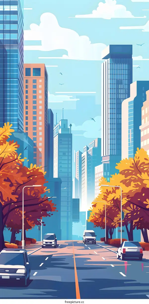 Cartoon Cityscape with Buildings and Trees