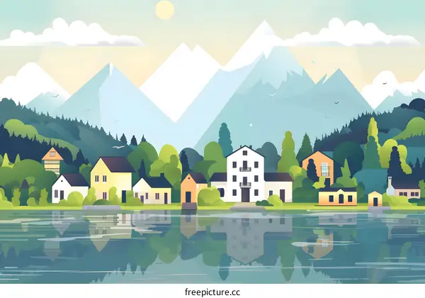 Mountain Village Lake Scenic Landscape Illustration