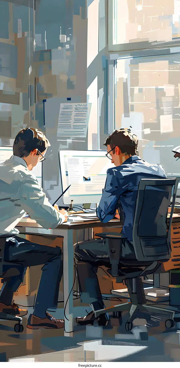 Two businessmen in suits working together in an office