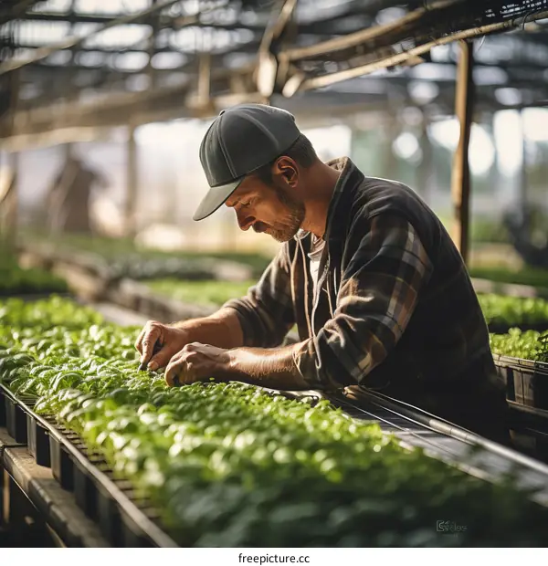 Male farmer working in greenhouse