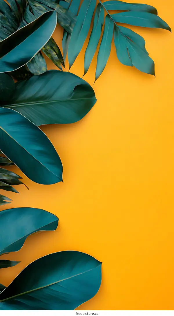 Tropical Leaves on Yellow Background