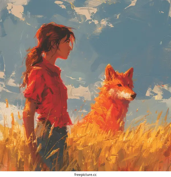 Girl and Wolf in a Wheat Field