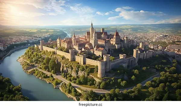 A Magnificent Aerial View of a Medieval Castle with a River and a City in the Background