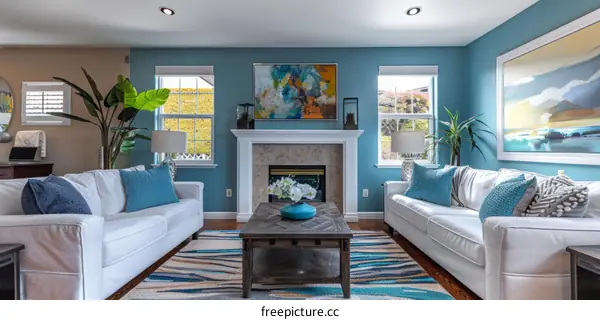 Coastal Style Living Room With Blue Walls and White Furniture