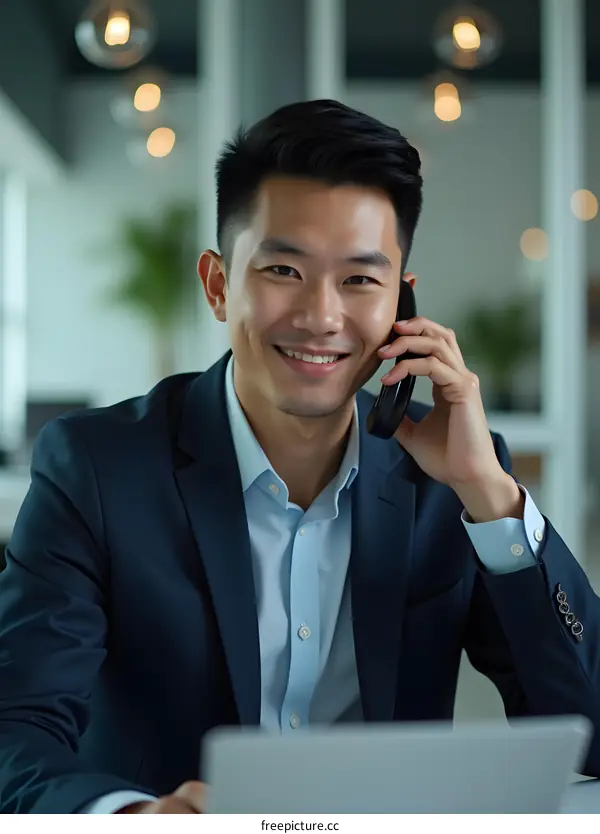 Smiling Asian Businessman Talking on Phone in Office