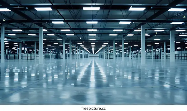 Empty Warehouse Interior with Fluorescent Lighting