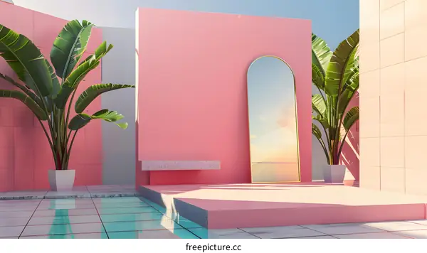 Pink Minimalist Room with Pool and Mirror