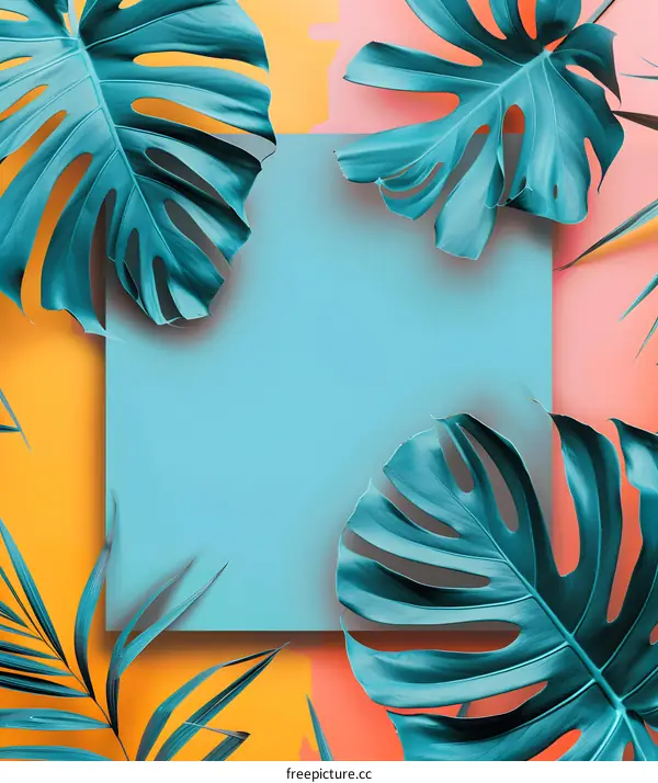 Tropical Leaves Background With Blue Paper