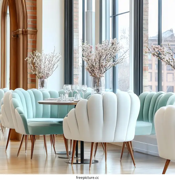 Modern Restaurant Interior Design with Light Mint Green and White Accents