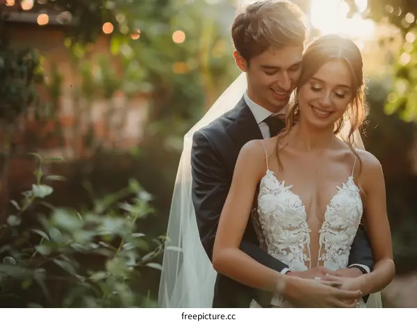 Happy Couple Embracing in Garden