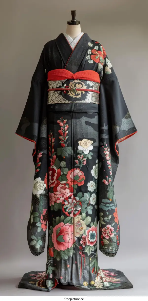 A Japanese Geisha in Traditional Kimono with Flowers