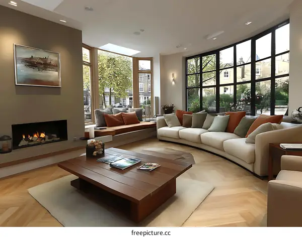 Modern Living Room with Curved Sofa and Fireplace