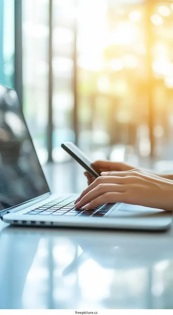Working Woman Using Laptop and Smartphone