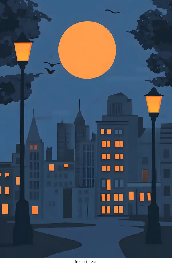 Night Cityscape with Streetlights and Full Moon