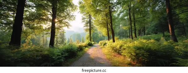 Forest Path at Sunrise Sunlight through Trees