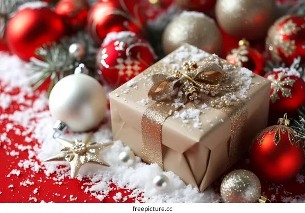 Christmas gift with red and gold ornaments