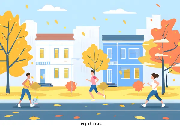 People jogging in autumn city street illustration