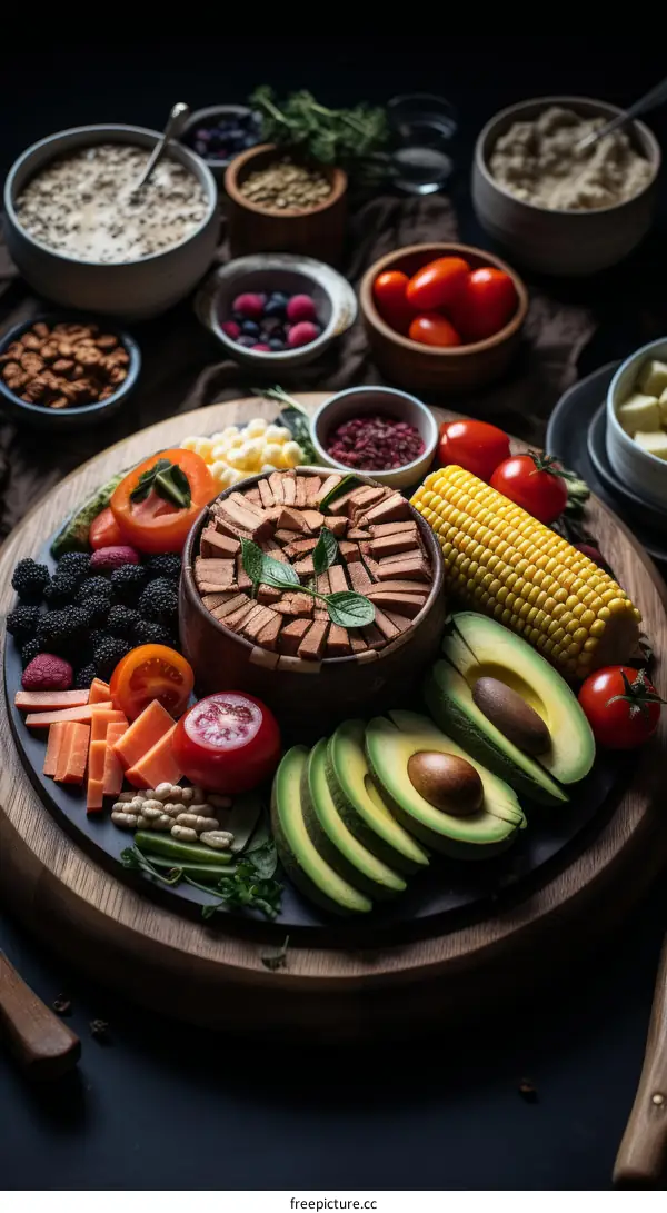 A wooden plate full of healthy food including vegetables, fruits, and grains