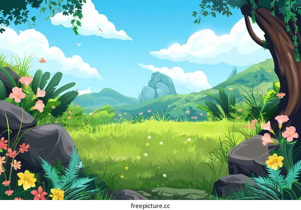 Green Meadow Landscape with Mountains and Trees