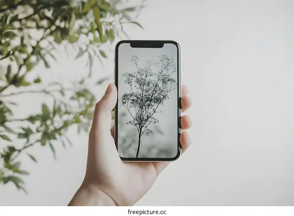 Hand Holding Phone With Tree Branch and Fog Background