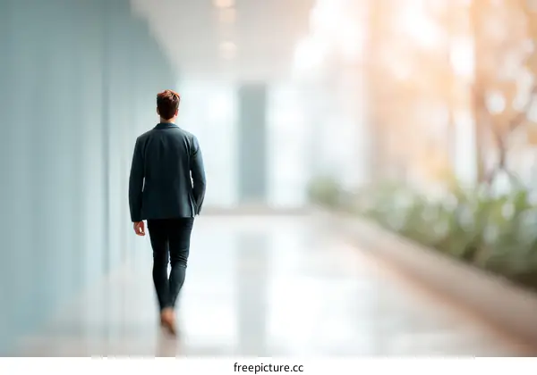 Businessman Walking Down a Modern Hallway