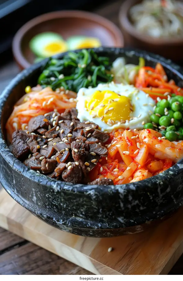 Dolsot Bibimbap: Korean Rice Bowl with Beef, Egg, and Vegetables
