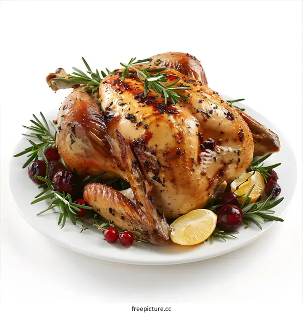 Roasted turkey on a plate with herbs and lemon