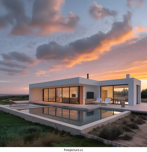 Modern Minimalist House with Infinity Pool and Sunset Sky