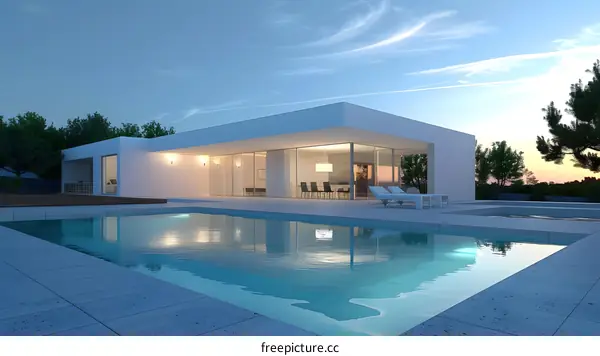 Modern White House with Swimming Pool and Sunset Sky