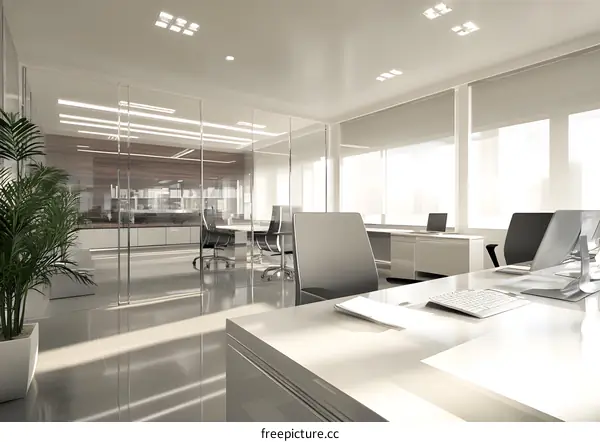 Modern Office Interior Design With Glass Wall And White Desk