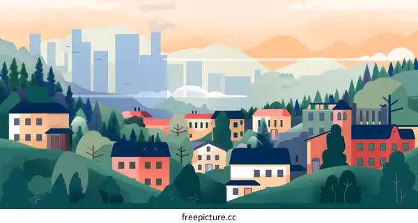 Illustration of Cityscape with Buildings and Trees