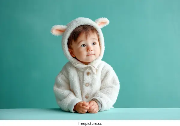Adorable Baby in Sheep Costume Against Teal Background