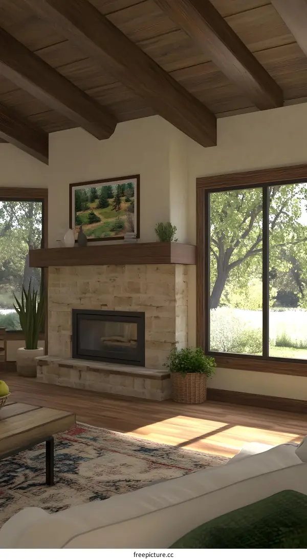 Rustic Living Room Interior Design with Fireplace and Large Windows