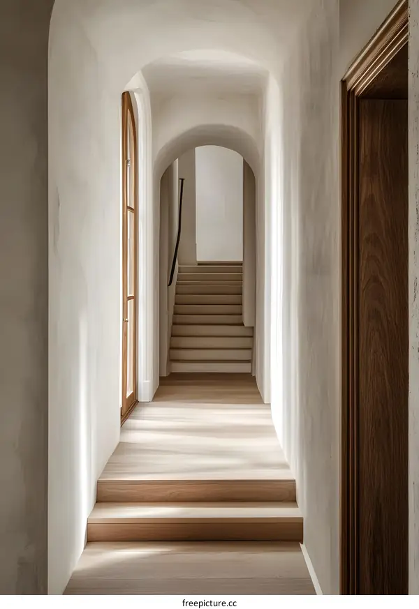 Modern White Wall Hallway with Arched Entryways and Wooden Stairs