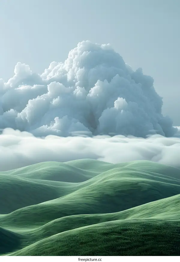 Fluffy clouds over green hills