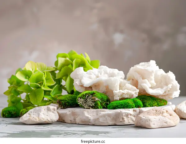 White Coral with Green Moss and Stones on a Beige Background