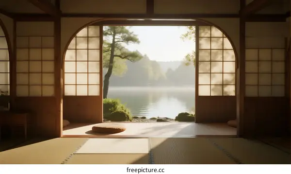Serene Traditional Room with View of Misty Lake and Pine Tree