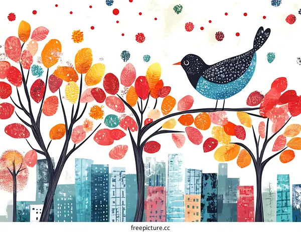 Blue Bird on Tree Branch in Cityscape Illustration
