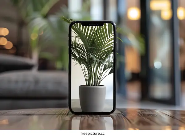 Black Smartphone on Wooden Table with Plant on Screen