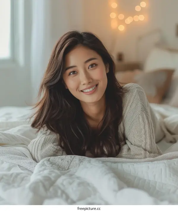 A beautiful Asian woman is smiling while lying on a bed.