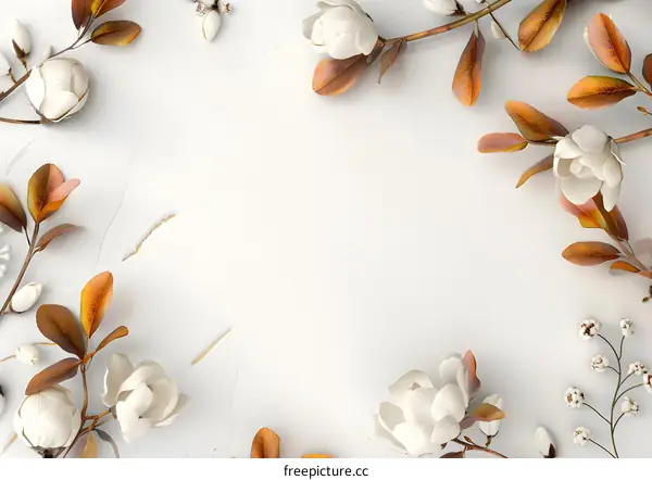 White Flowers and Golden Leaves on White Background