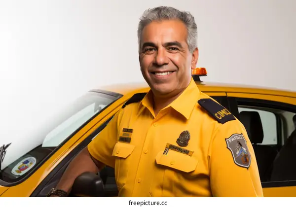 Portrait of a smiling taxi driver leaning on his car