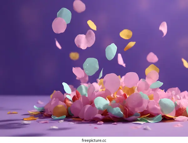 Colorful Confetti Falling on a Purple Background