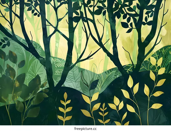 Abstract Green and Gold Forest Illustration
