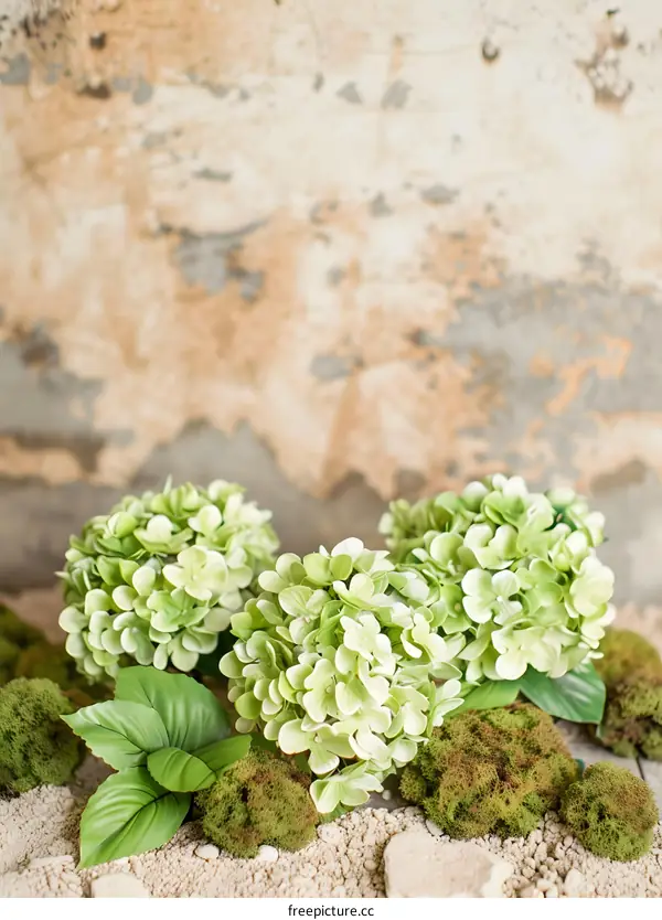 Green Hydrangeas With Moss and Stones on Rustic Background