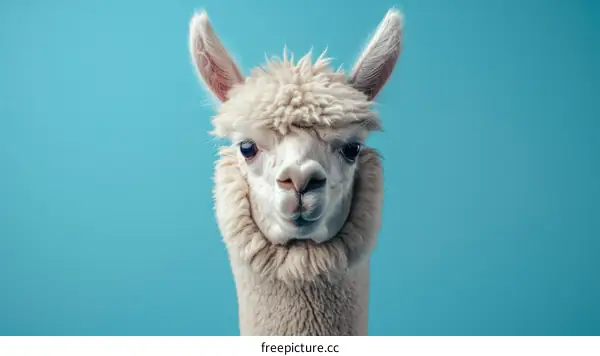 A fluffy white llama with blue background