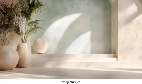 Minimalist Interior Design with Beige Vases and Palm Leaves