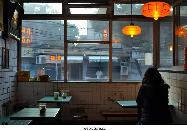 A woman sitting in a cafe with a window view of a street in China