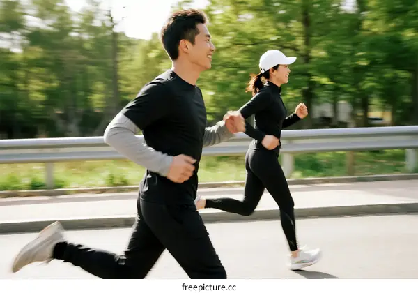 Two people running outdoors in a park